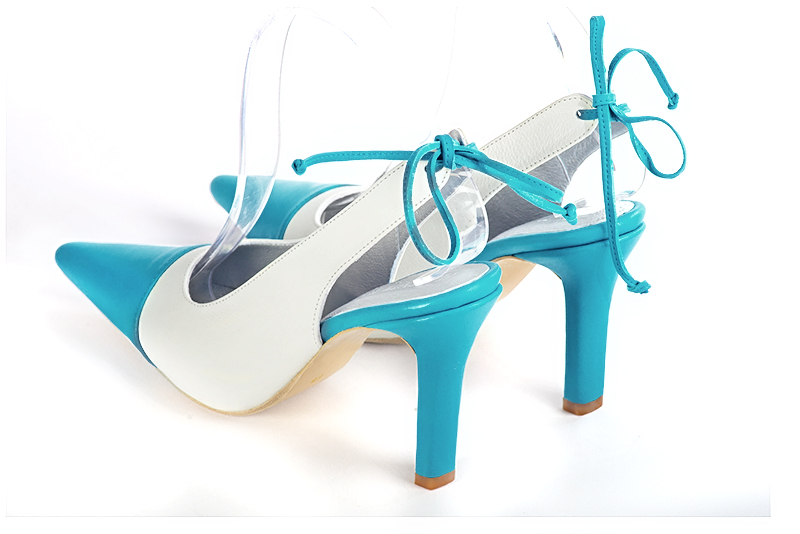 Turquoise blue and off white women's slingback shoes. Pointed toe. High slim heel. Rear view - Florence KOOIJMAN